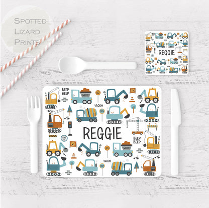 Personalised Diggers Placemat and Coaster Set, Kid's Dinner Set, Diggers gift, Children's Birthday Gift, Diggers Placemat