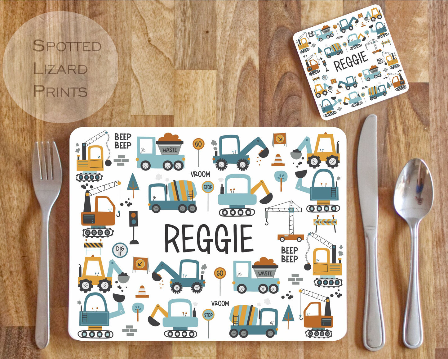 Personalised Diggers Placemat and Coaster Set, Kid's Dinner Set, Diggers gift, Children's Birthday Gift, Diggers Placemat