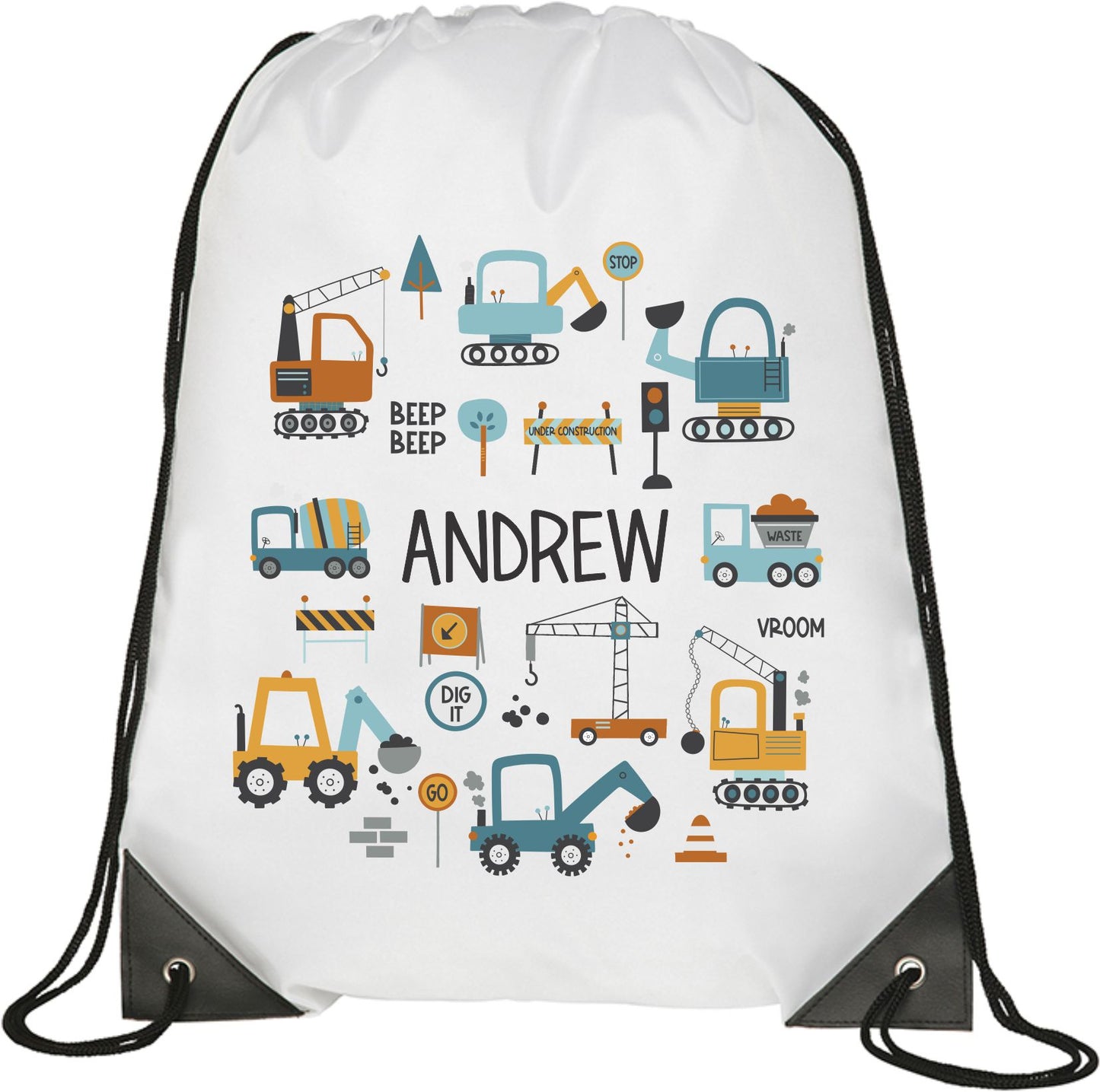 Personalised Drawstring Bag. Unique Hand printed Gift for Kids. Great for Digger enthusiasts. 