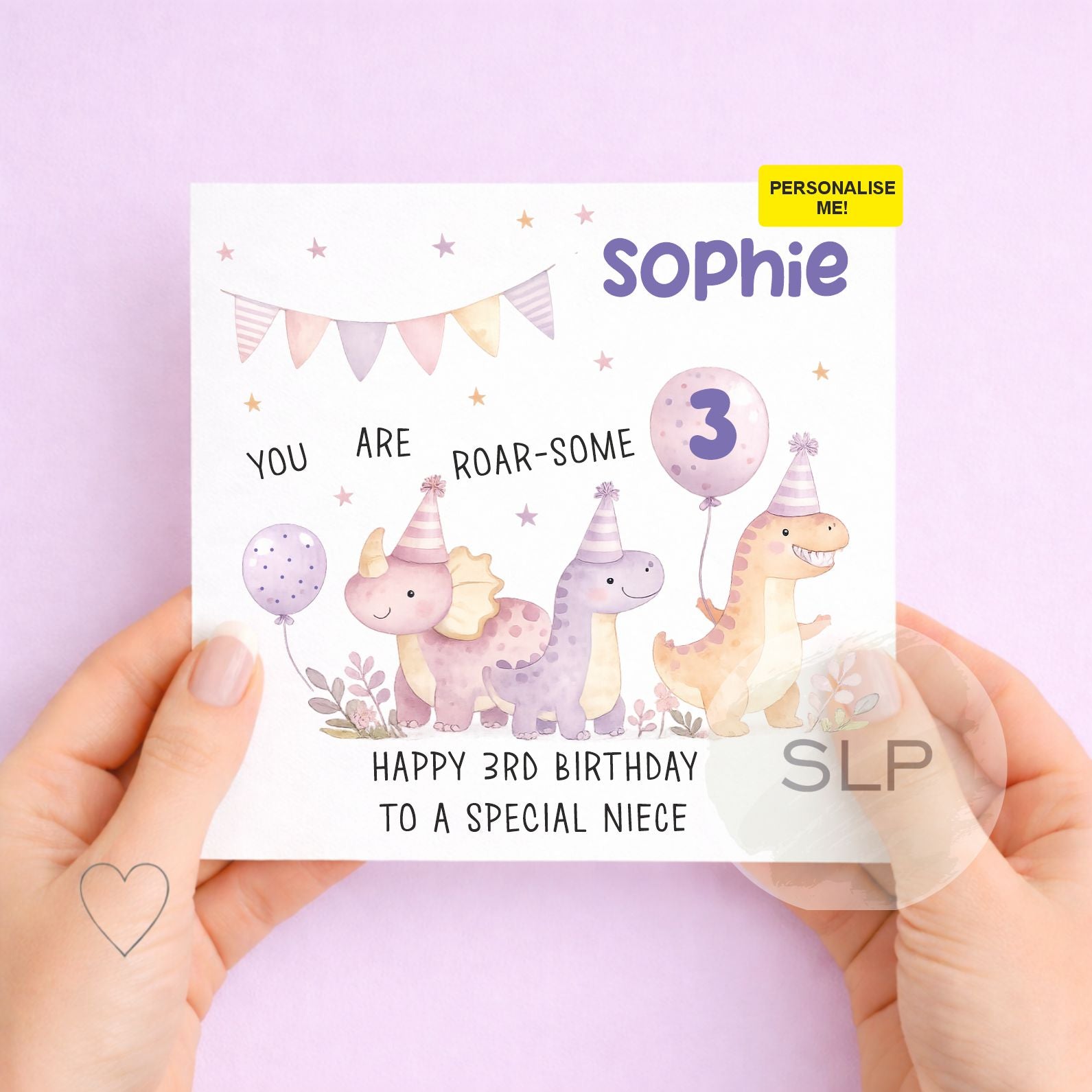 Personalised Dinosaur Birthday Card, Any Age kids – Cute Dinosaura Card – 1st 2nd 3rd Birthday – Custom Name, Granddaughter, Niece, Daughter