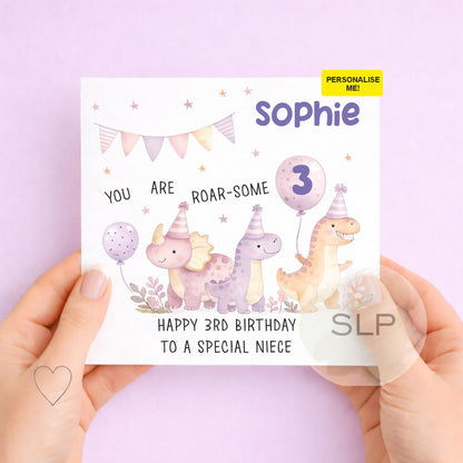 Personalised Dinosaur Birthday Card, Any Age kids – Cute Dinosaura Card – 1st 2nd 3rd Birthday – Custom Name, Granddaughter, Niece, Daughter