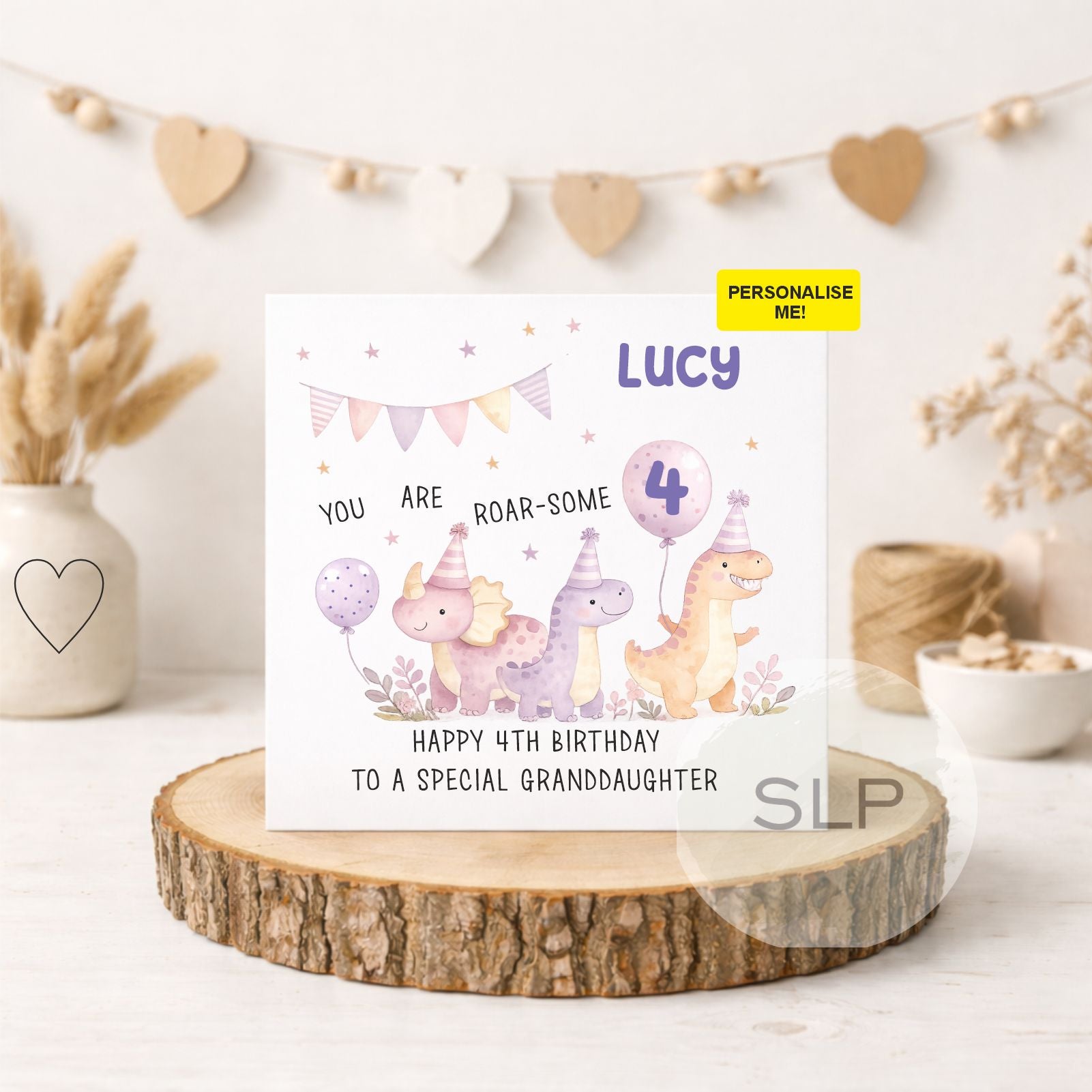 Personalised Dinosaur Birthday Card, Any Age kids – Cute Dinosaura Card – 1st 2nd 3rd Birthday – Custom Name, Granddaughter, Niece, Daughter