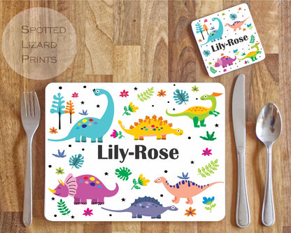 Personalised Dinosaur Placemat and Coaster Set, Kid's Dinner Set, Dinosaurs gift, Children's Birthday Gift, Dinosaurs Placemat