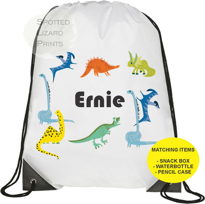 White Drawstring Bag. Dinosaur themed. Personalised with a name.