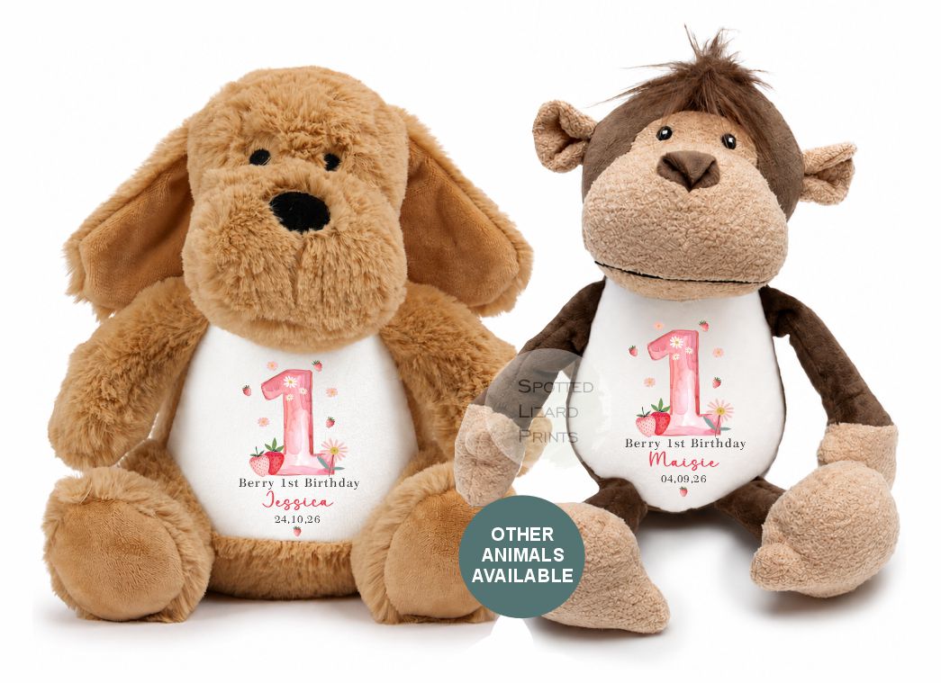 Personalised Berry First Birthday Bunny, Personalised Soft Toy, Berry 1st, First Birthday Gift for Baby, Strawberry First Birthday Teddy