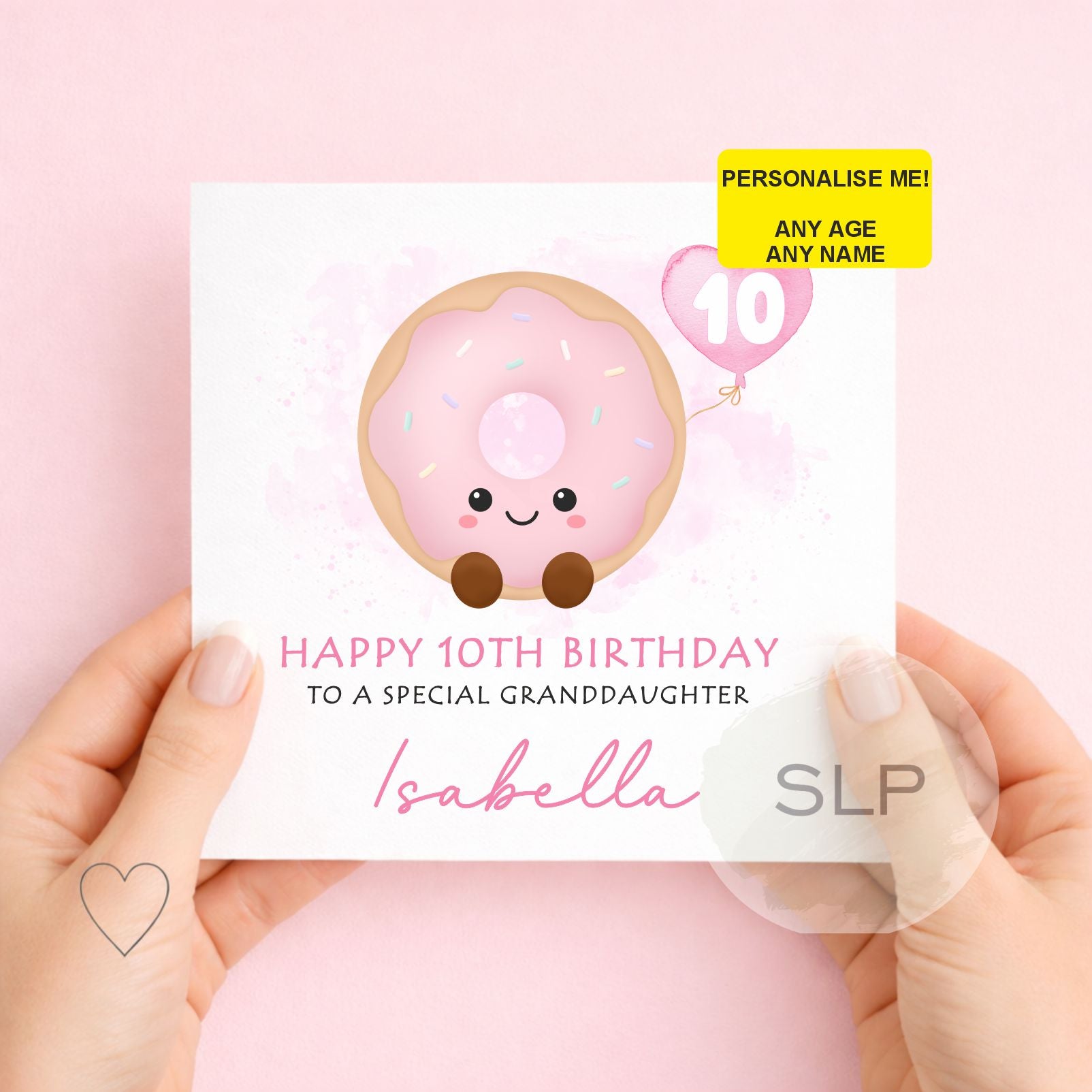 Cute personalised pink donut birthday card with any name, age and relationship. A fun doughnut card for daughters, granddaughters and sweet treat fans.