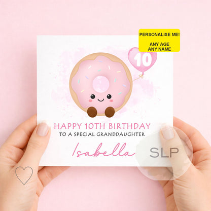 Cute personalised pink donut birthday card with any name, age and relationship. A fun doughnut card for daughters, granddaughters and sweet treat fans.