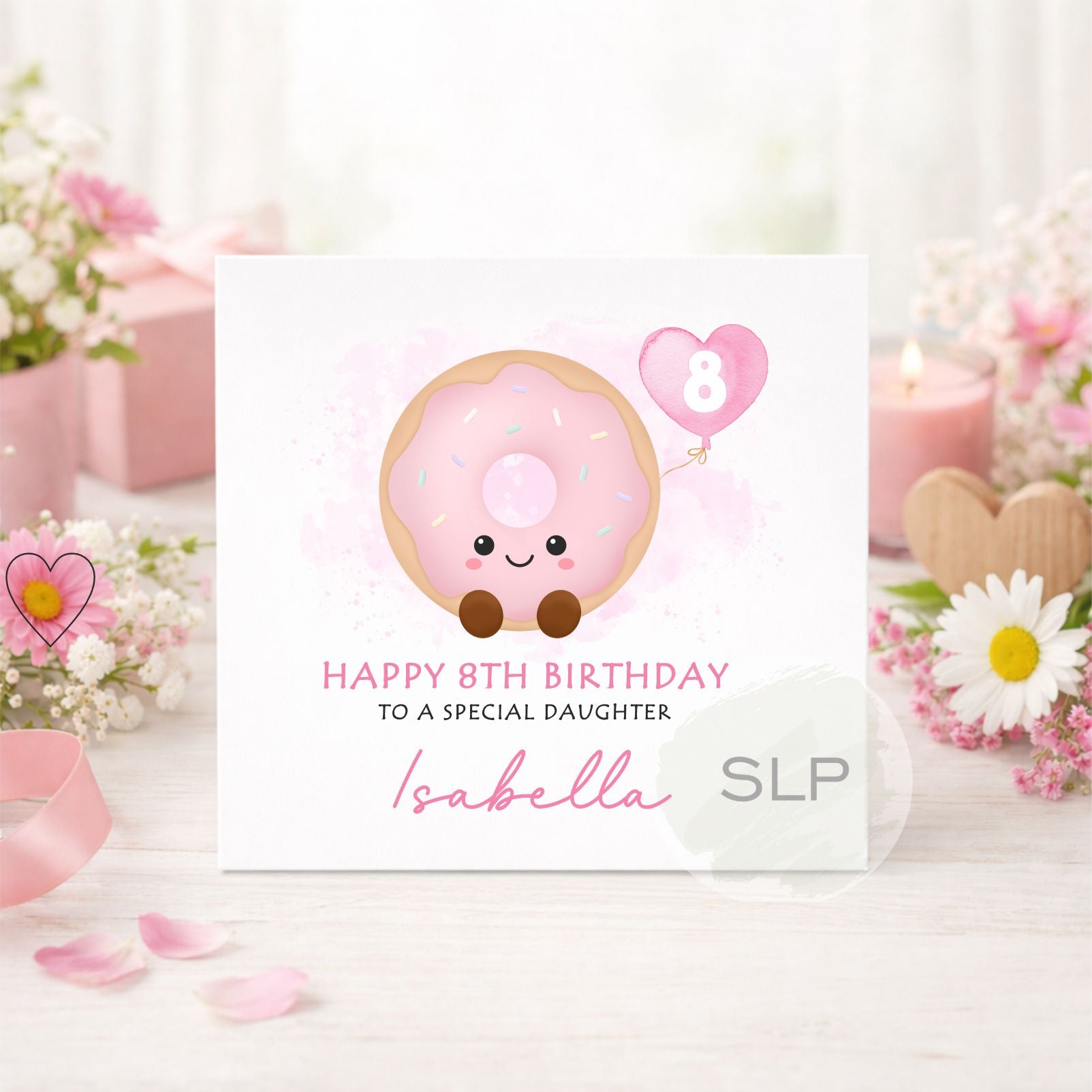 Cute personalised pink donut birthday card with any name, age and relationship. A fun doughnut card for daughters, granddaughters and sweet treat fans.