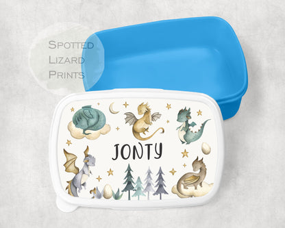 Blue Boys lunch Box. Dragons. Personalised with a name.