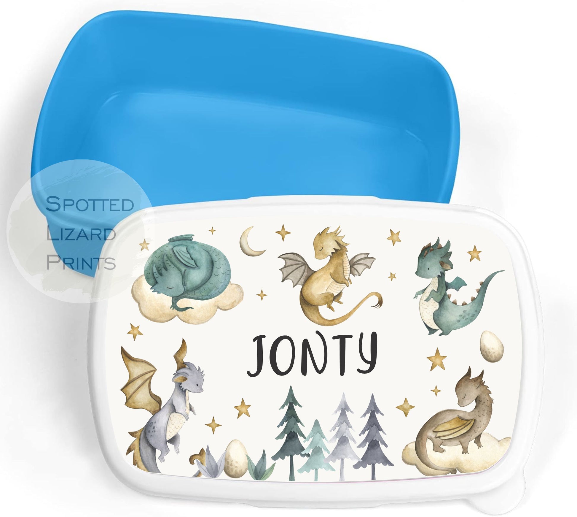 Blue Boys lunch Box. Dragons. Personalised with a name.