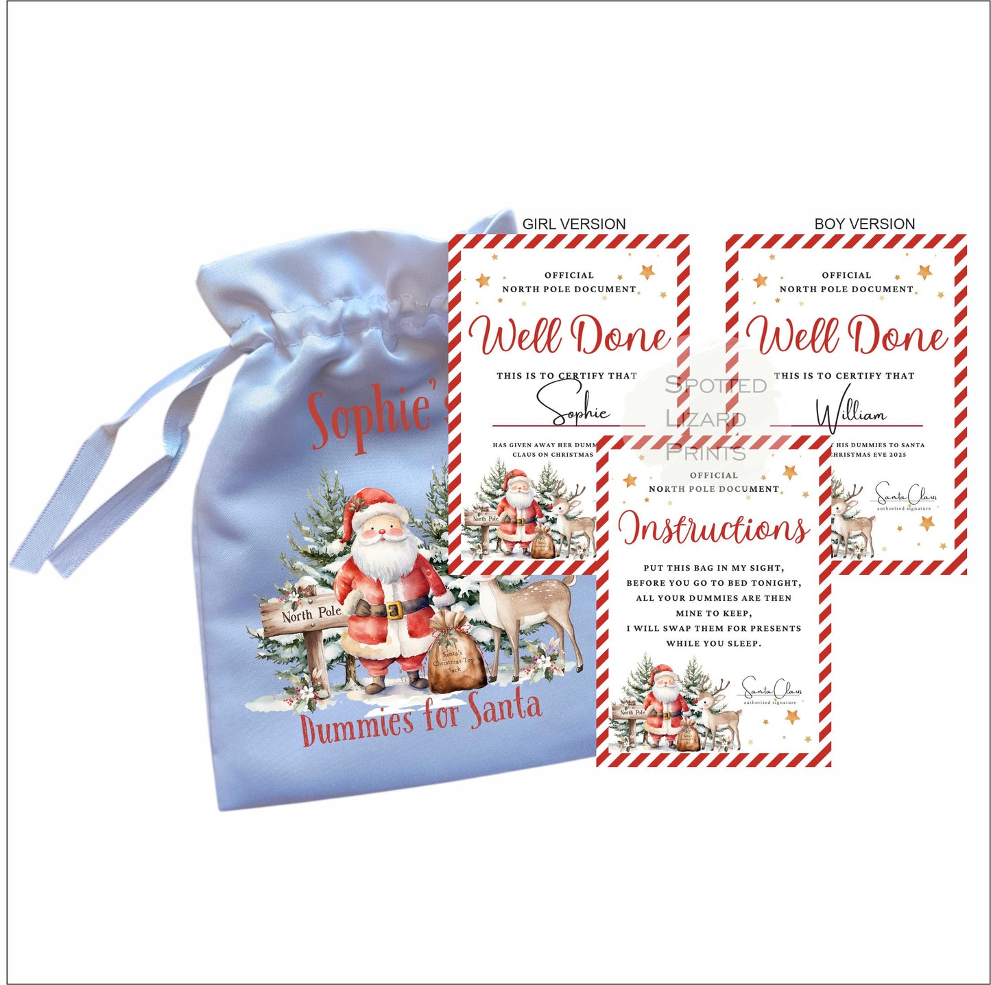 Personalised Dummy for Santa Bag and Letter, Dummies Bag for Father Christmas, Dummy for Santa Baby Pouch and Note, Dummy Fairy Bag