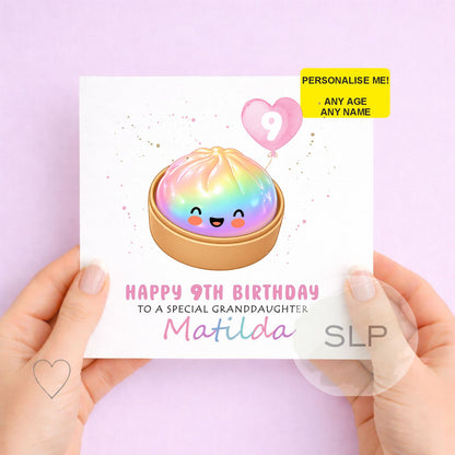 Cute personalised rainbow dumpling birthday card with custom name, age and relationship. A colourful kawaii birthday card for dumpling and cute food fans.