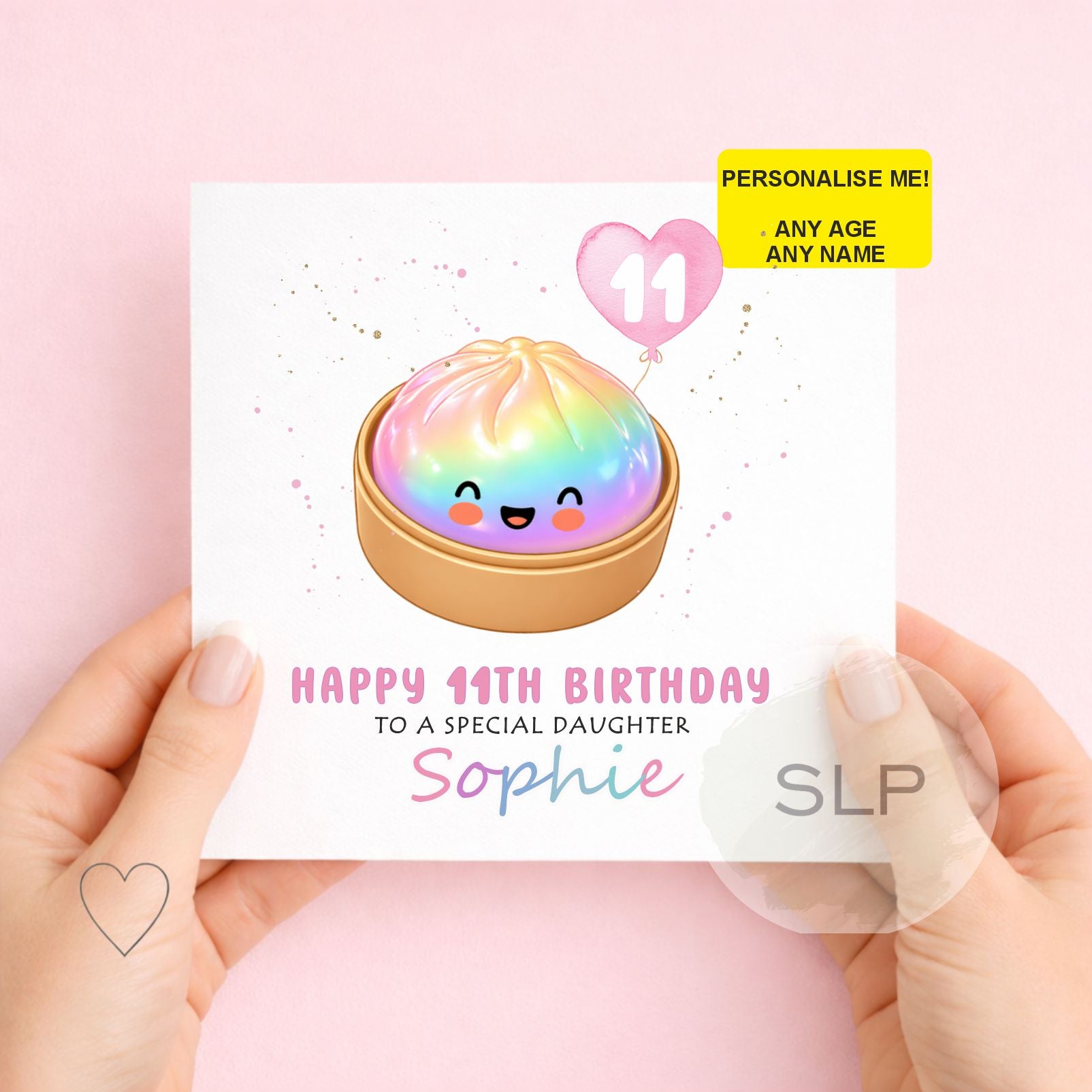 Cute personalised rainbow dumpling birthday card with custom name, age and relationship. A colourful kawaii birthday card for dumpling and cute food fans.