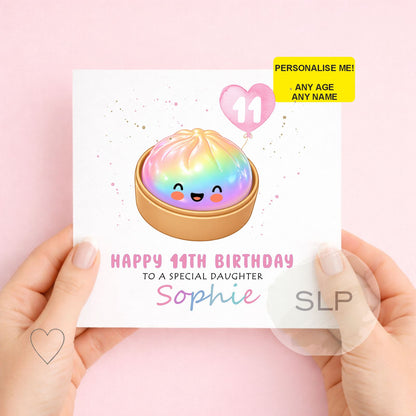 Cute personalised rainbow dumpling birthday card with custom name, age and relationship. A colourful kawaii birthday card for dumpling and cute food fans.