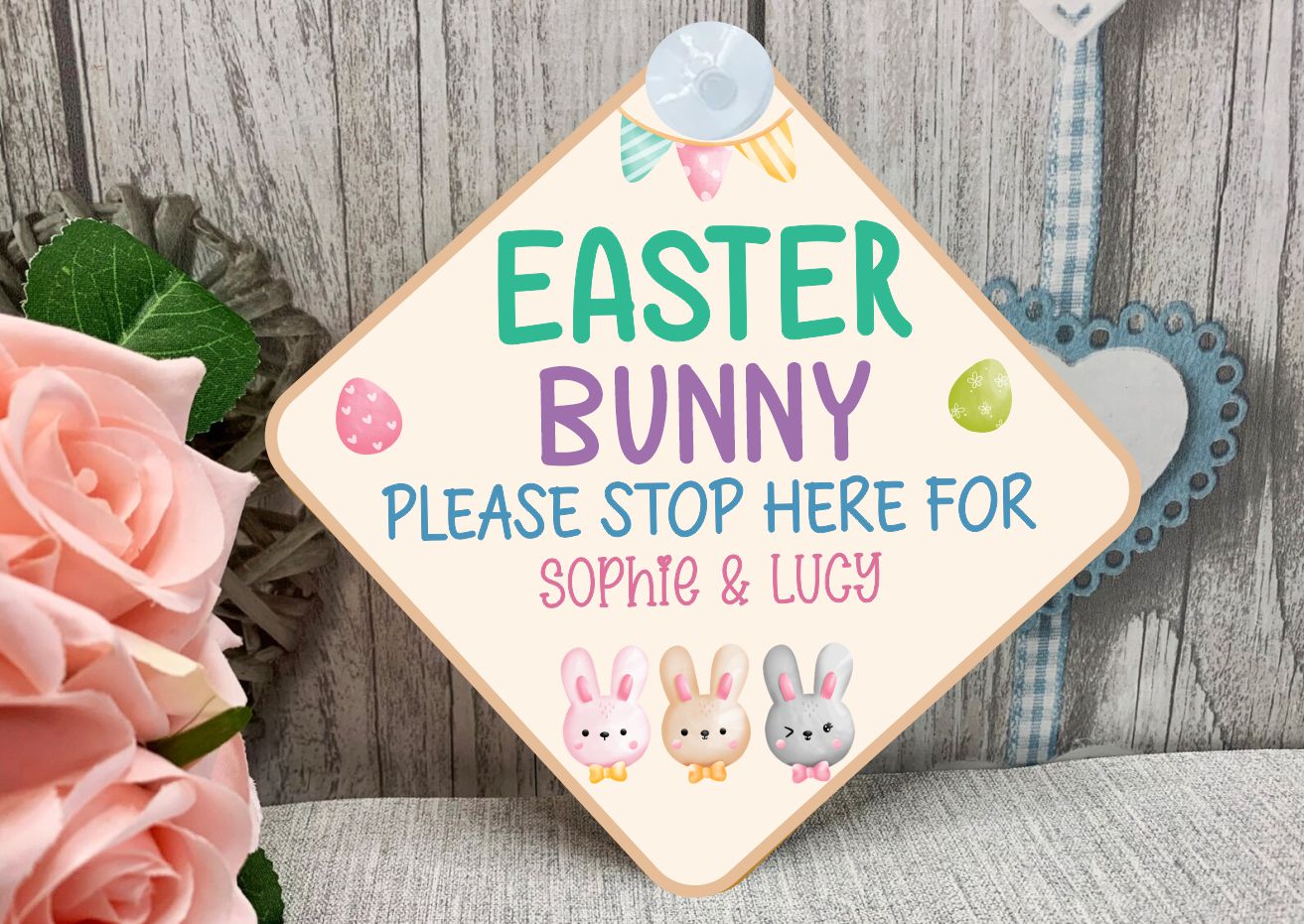 Personalised Easter Bunny stop here Sign. Unique Hand printed Gift for Easter. Aluminium window Sign