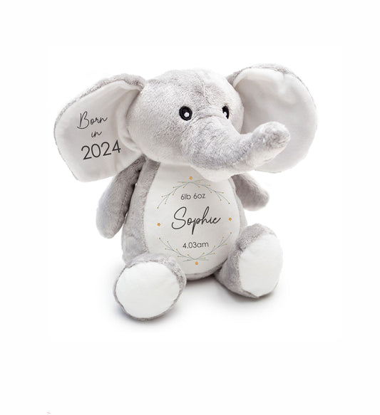 Personalised new Baby Soft Toy. Unique Hand printed Elephant. Gift for new born Baby