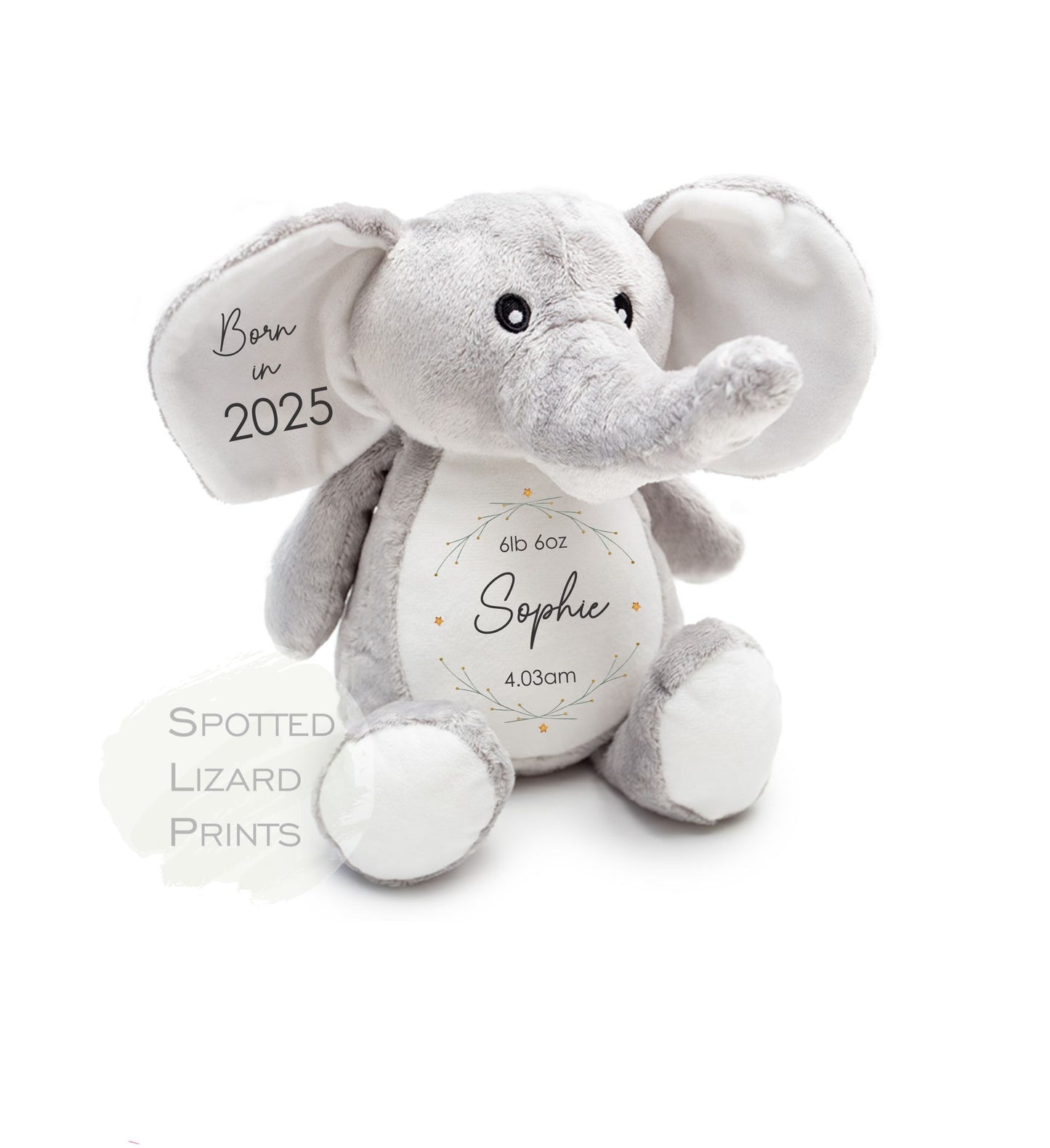 Personalised Born in 2025 Elephant Soft Toy Name, Weight and Time of Birth - Baby Shower - Baby Gift - Baby Girl Baby Boy