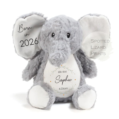 Personalised Born in 2026 Elephant Soft Toy Name, Weight and Time of Birth - Baby Shower - Baby Gift - Baby Girl Baby Boy