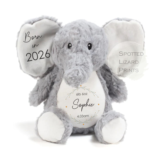 Personalised Born in 2026 Elephant Soft Toy Name, Weight and Time of Birth - Baby Shower - Baby Gift - Baby Girl Baby Boy