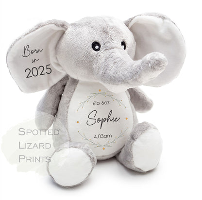 Personalised Born in 2025 Elephant Soft Toy Name, Weight and Time of Birth - Baby Shower - Baby Gift - Baby Girl Baby Boy