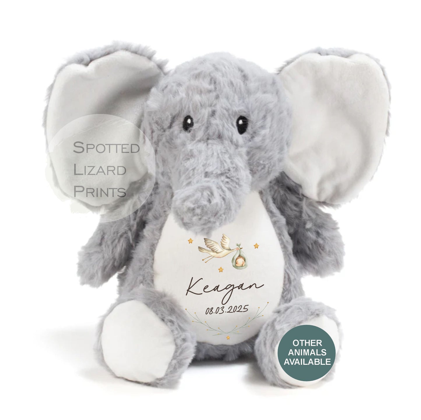 Personalised new Baby Soft Toy. Unique Hand printed Elephant. Gift for new born Baby