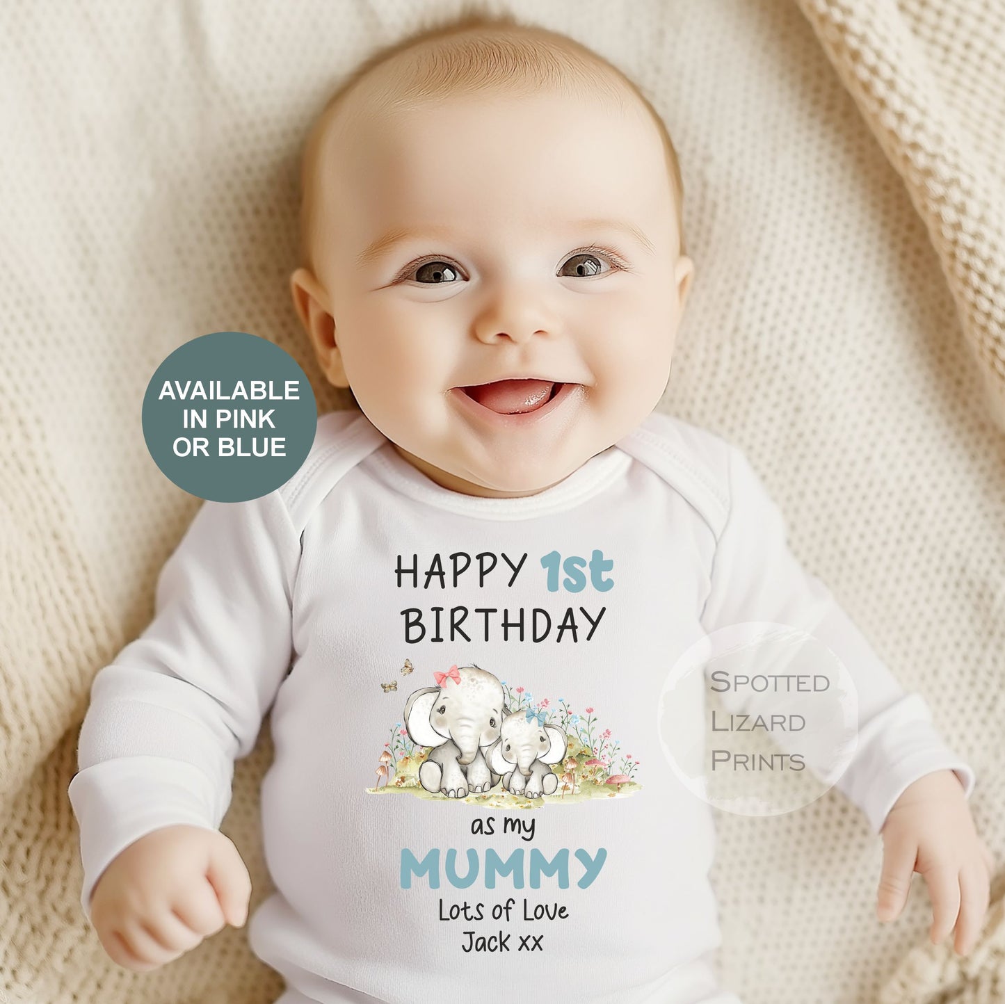 Happy First Birthday MUMMY Baby Outfit ELEPHANTS (First Birthday 1st Birthday Mummy Mum Birthday)