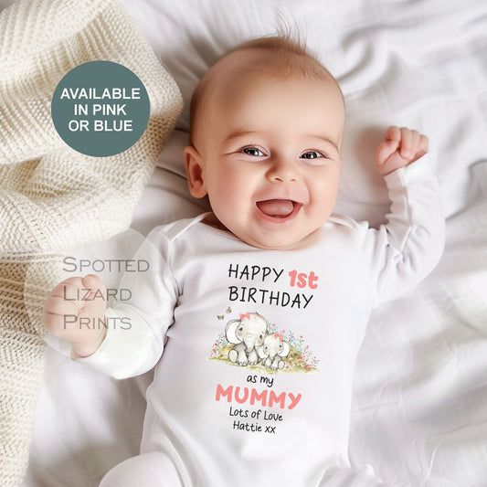 Happy First Birthday MUMMY Baby Outfit ELEPHANTS (First Birthday 1st Birthday Mummy Mum Birthday)