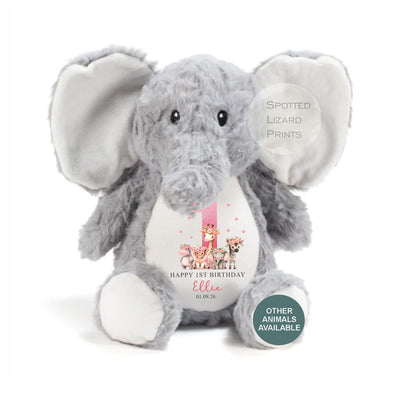 Personalised First Birthday , Safari Pink 1st Birthday Gift Girl Teddy, 1st Baby Girl, Birthday Present, Personalised 1st Birthday Soft Toy