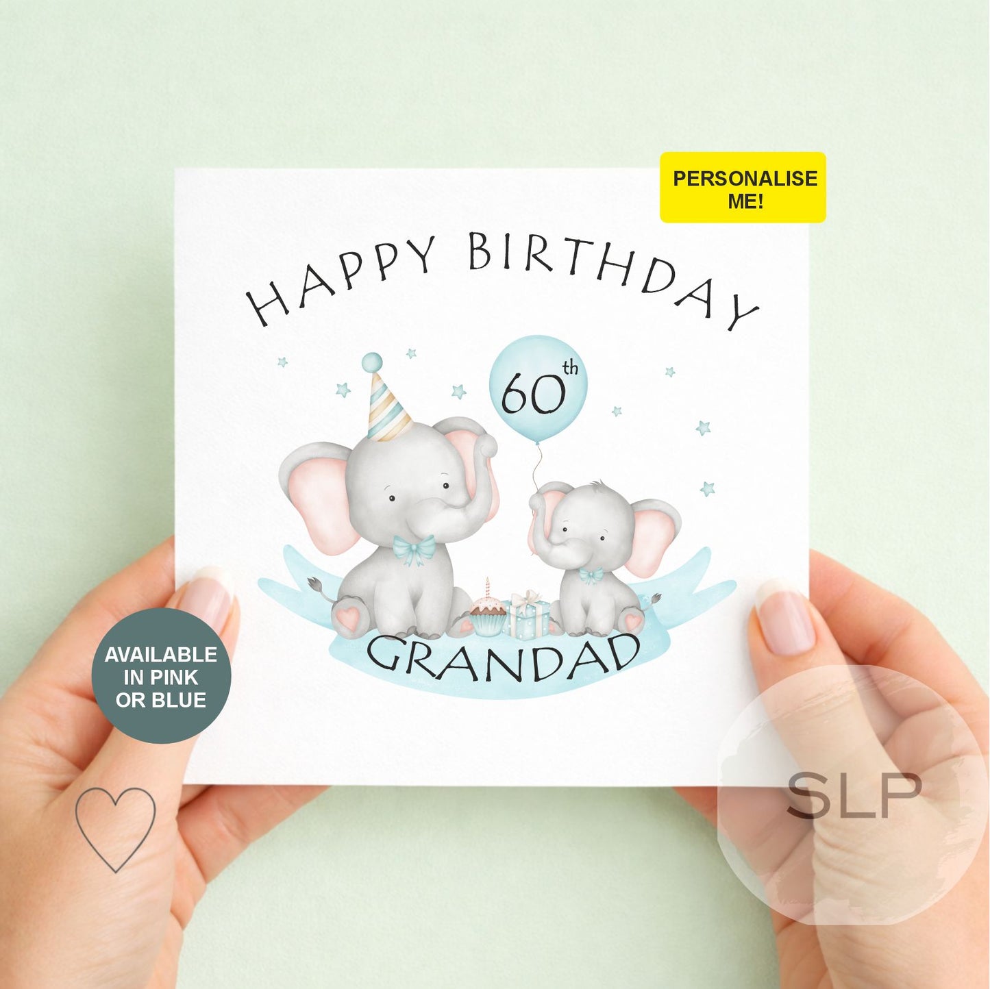 Personalised Grandad Birthday Card | Custom Age & Name Card | Cute Elephant Birthday Card | 60th 70th 80th 90th Card | Pink or Blue