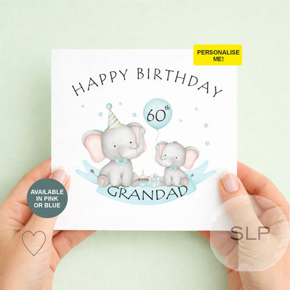 Personalised Grandad Birthday Card | Custom Age & Name Card | Cute Elephant Birthday Card | 60th 70th 80th 90th Card | Pink or Blue