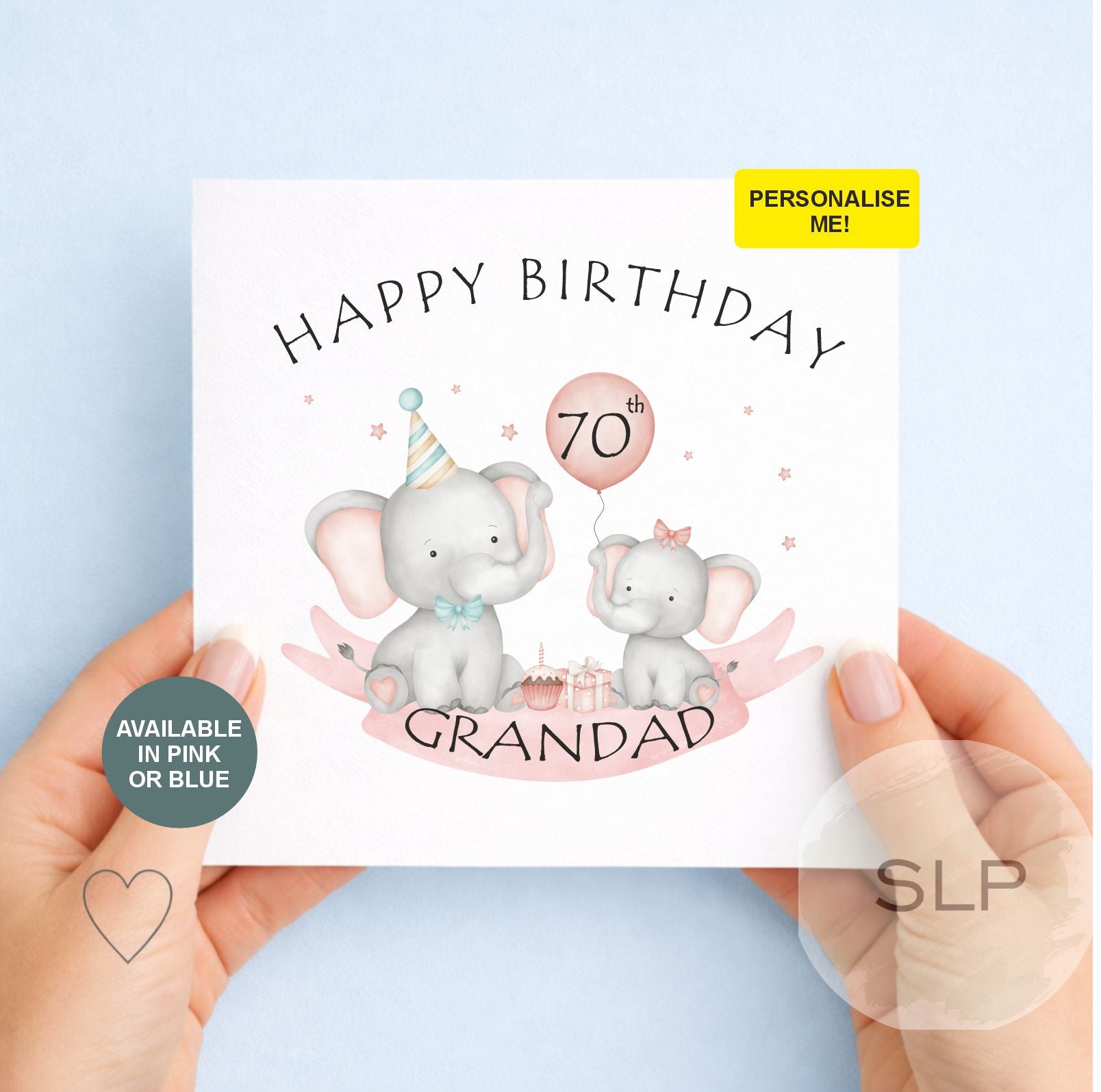 Personalised Grandad Birthday Card | Custom Age & Name Card | Cute Elephant Birthday Card | 60th 70th 80th 90th Card | Pink or Blue