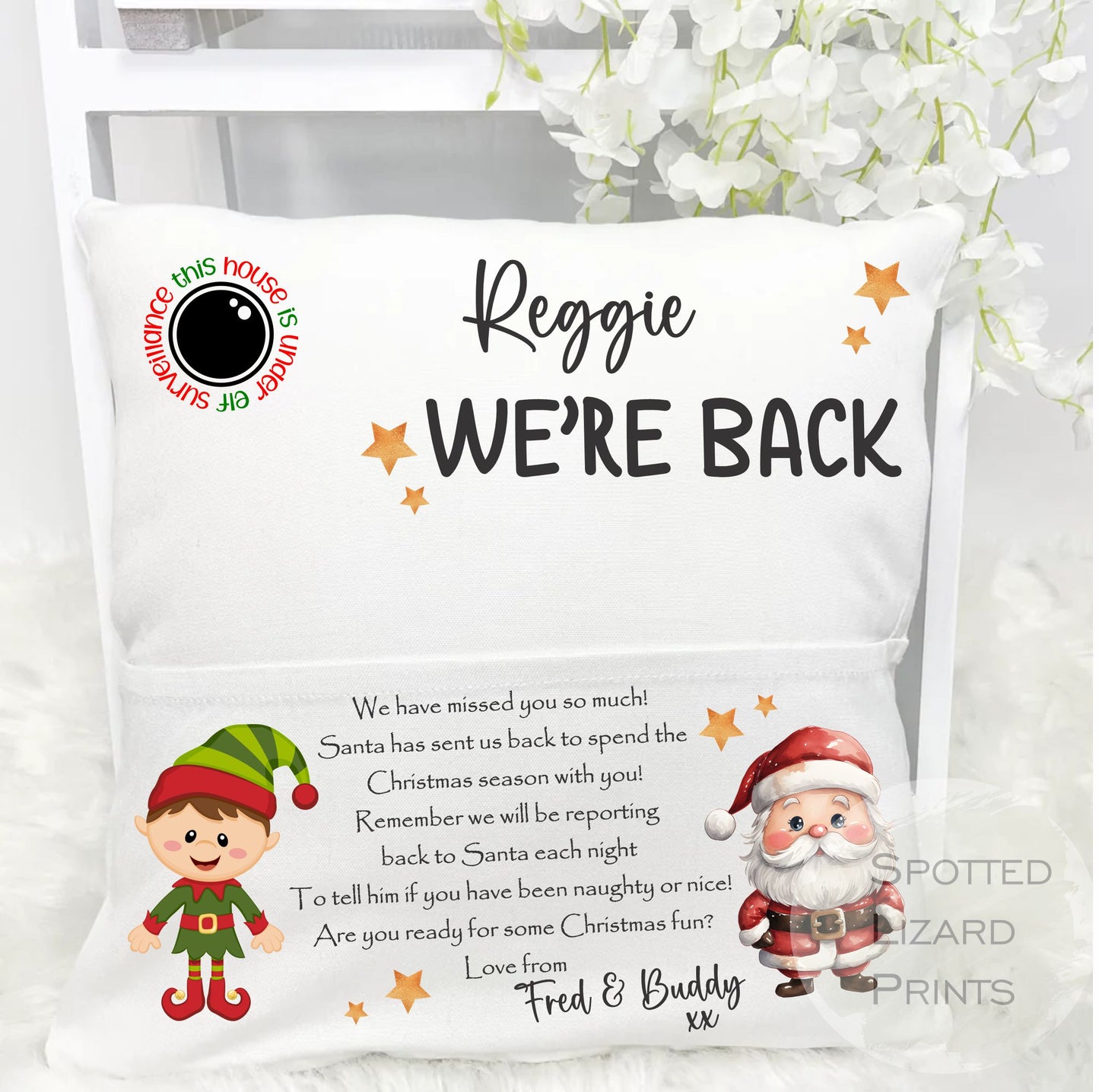 Personalised Naughty Elf is back Cushion, Elf I'm Back Cushion, We're Back, Christmas Pocket Cushion