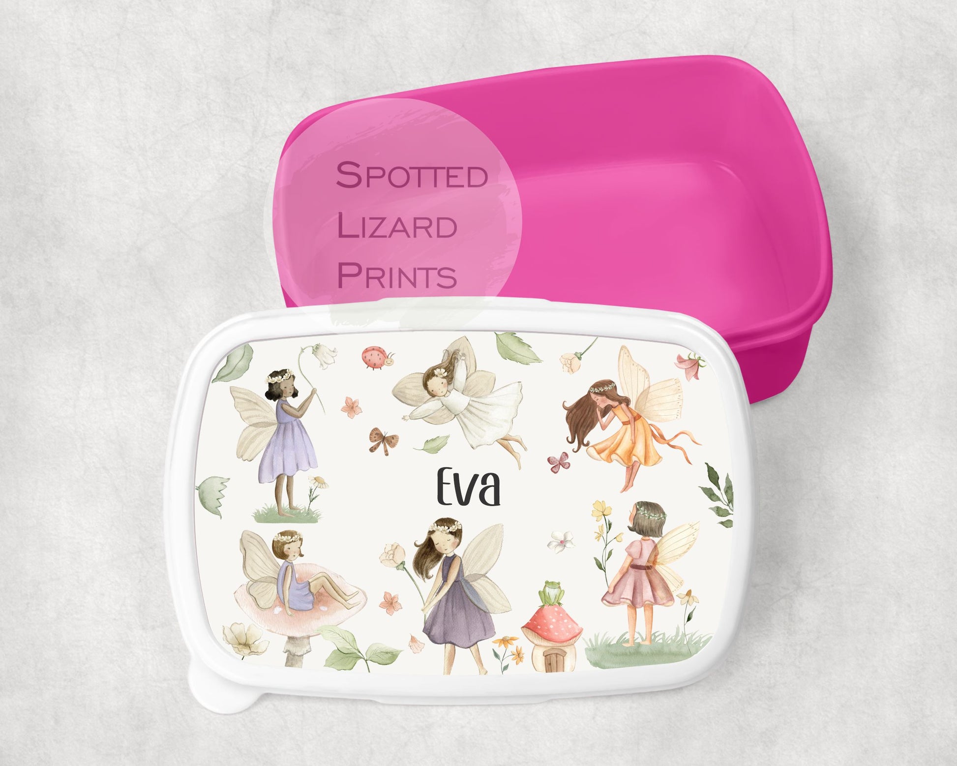 Pink Girls lunch Box. Enchanted fairy. Personalised with a name.