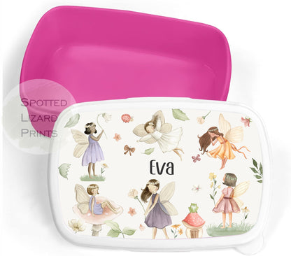 Pink Girls lunch Box. Enchanted fairy. Personalised with a name.