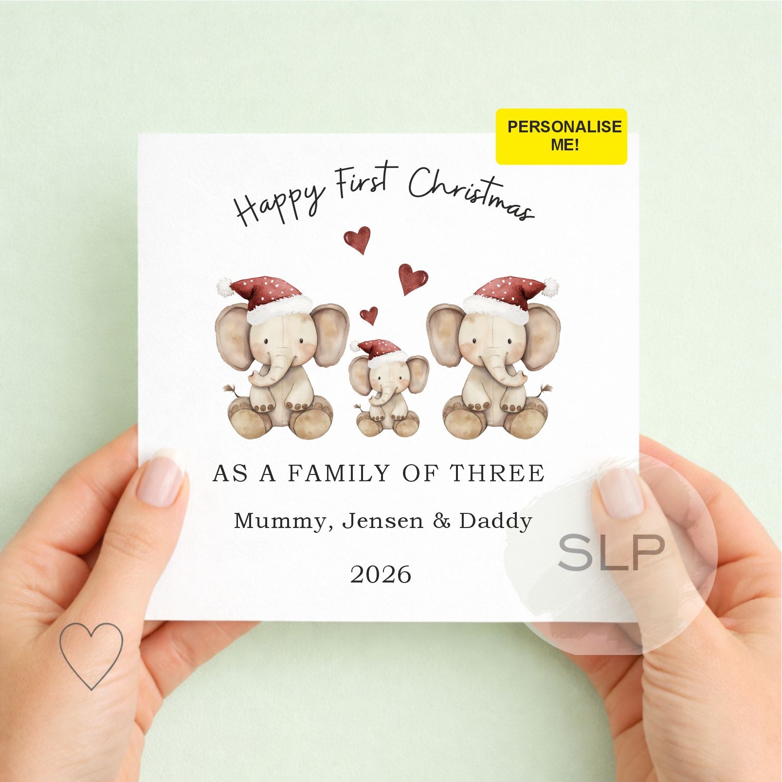Personalised First Christmas Family of Three Card | Elephants