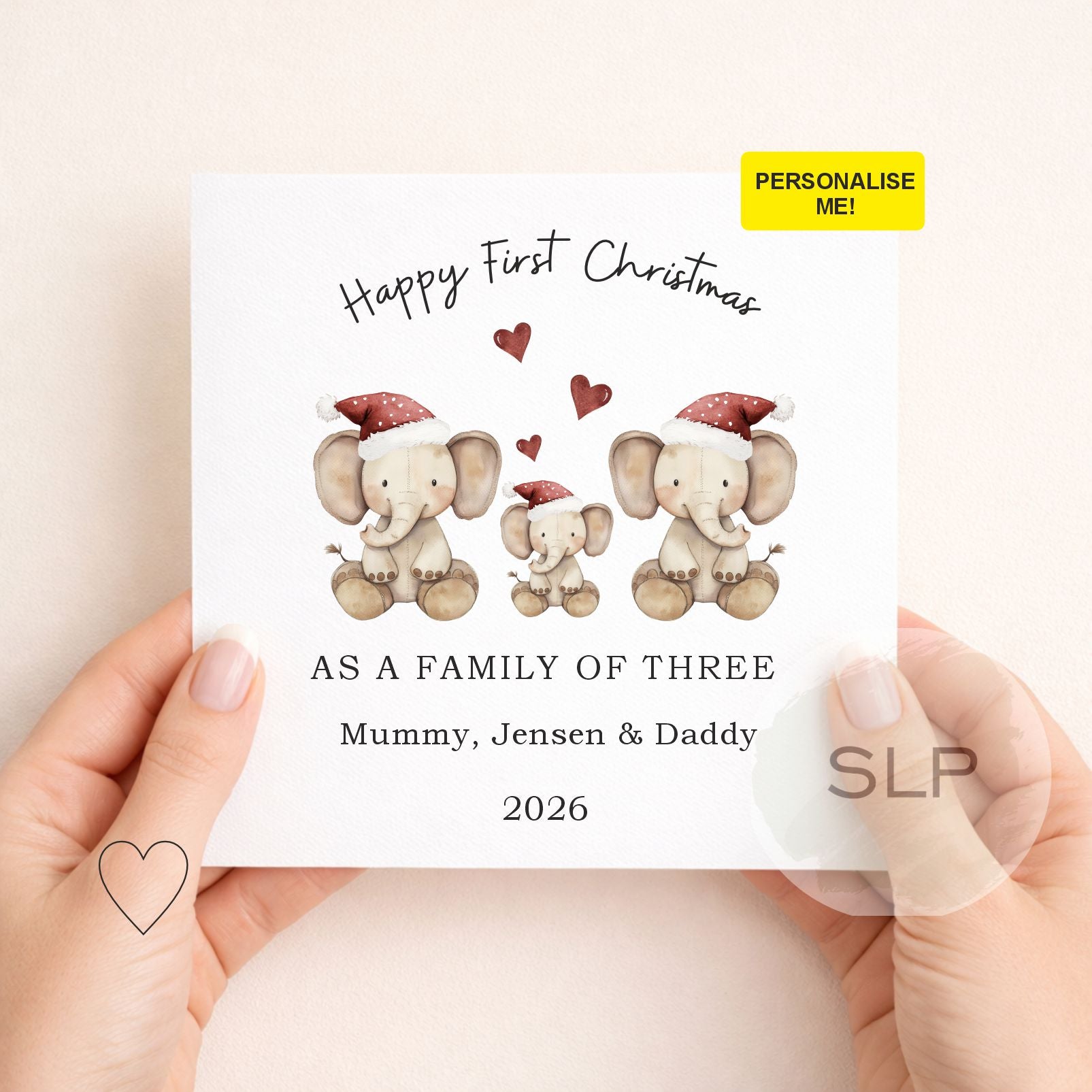 Personalised First Christmas Family of Three Card | Elephants