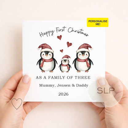 Personalised First Christmas Family of Three Card | Penguins