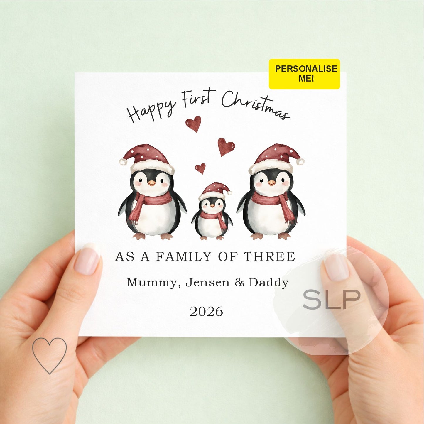Personalised First Christmas Family of Three Card | Penguins