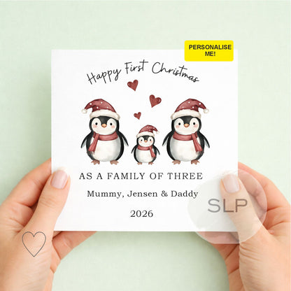 Personalised First Christmas Family of Three Card | Penguins