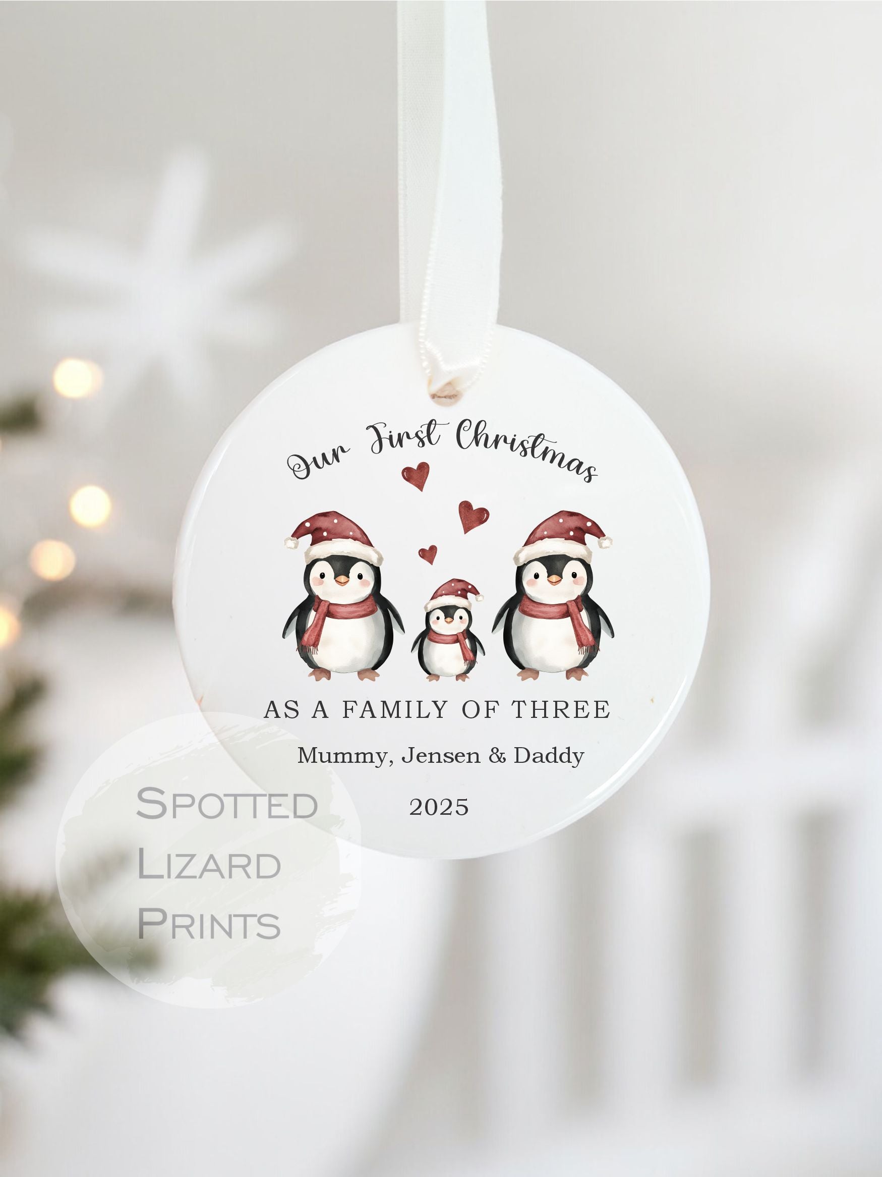 family of three penguin Christmas bauble