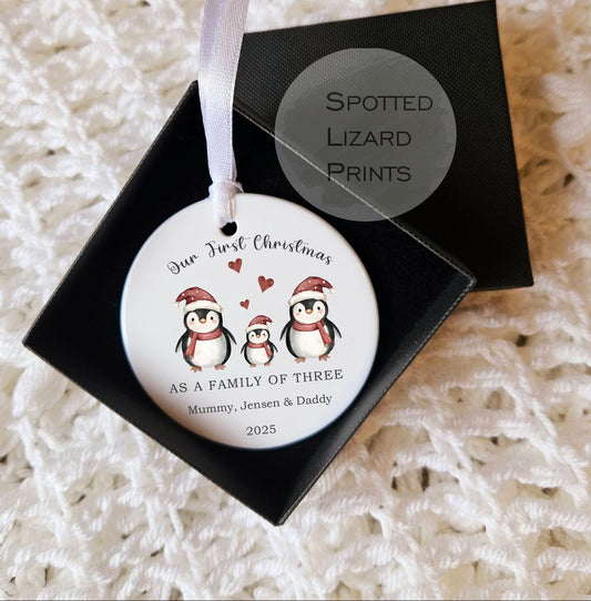 family of 3 penguin Christmas bauble