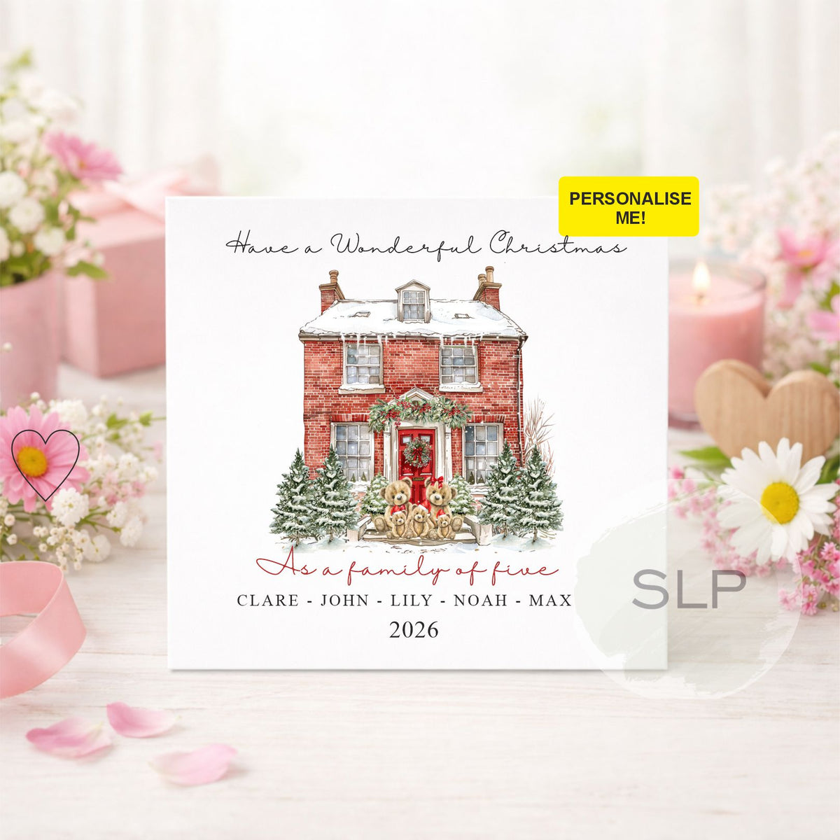 Personalised Family of Five Christmas Card | Teddy Bears