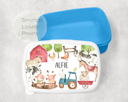 Blue Boys lunch Box. Farm animals. Personalised with a name.