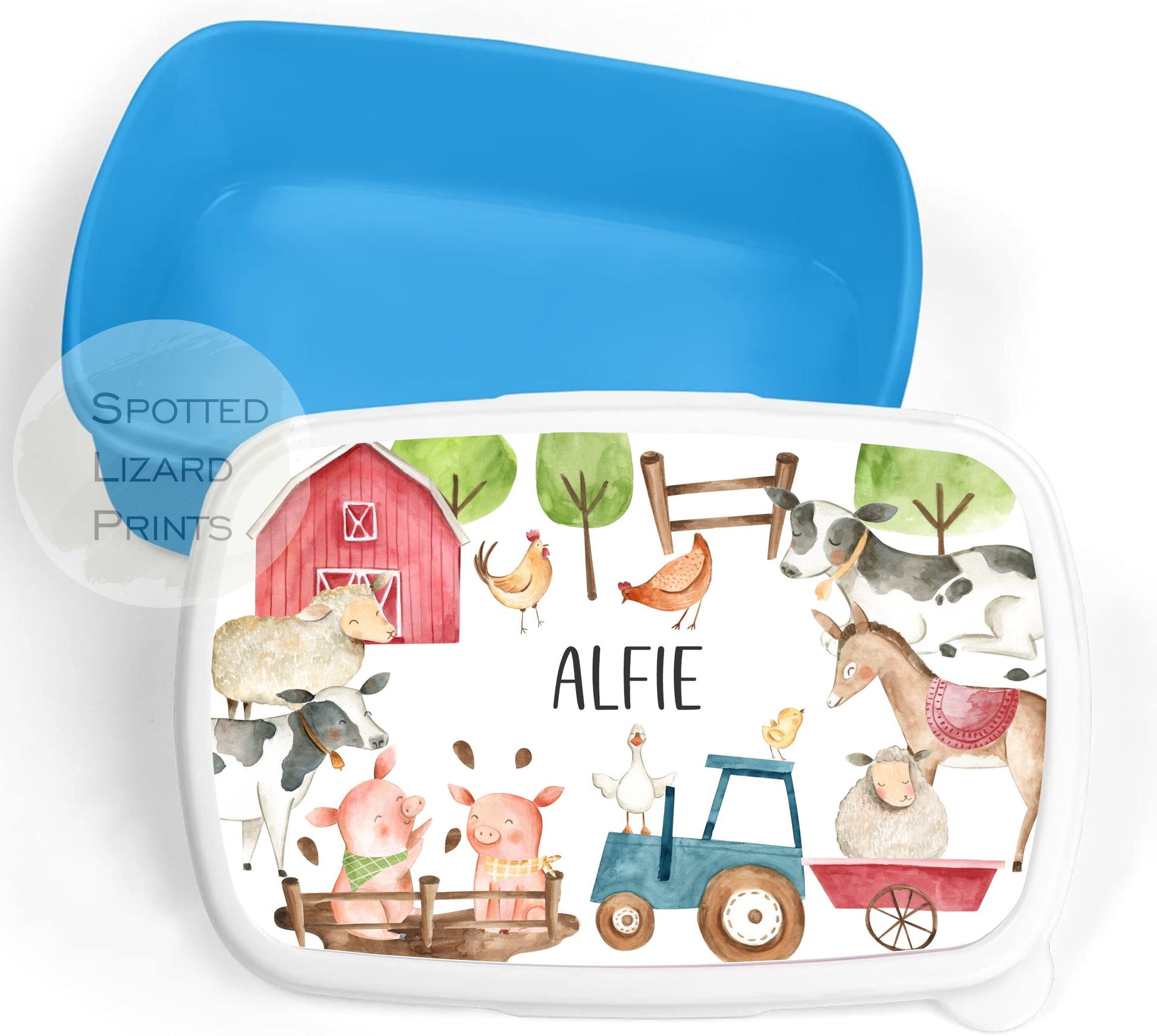 Blue Boys lunch Box. Farm animals. Personalised with a name.