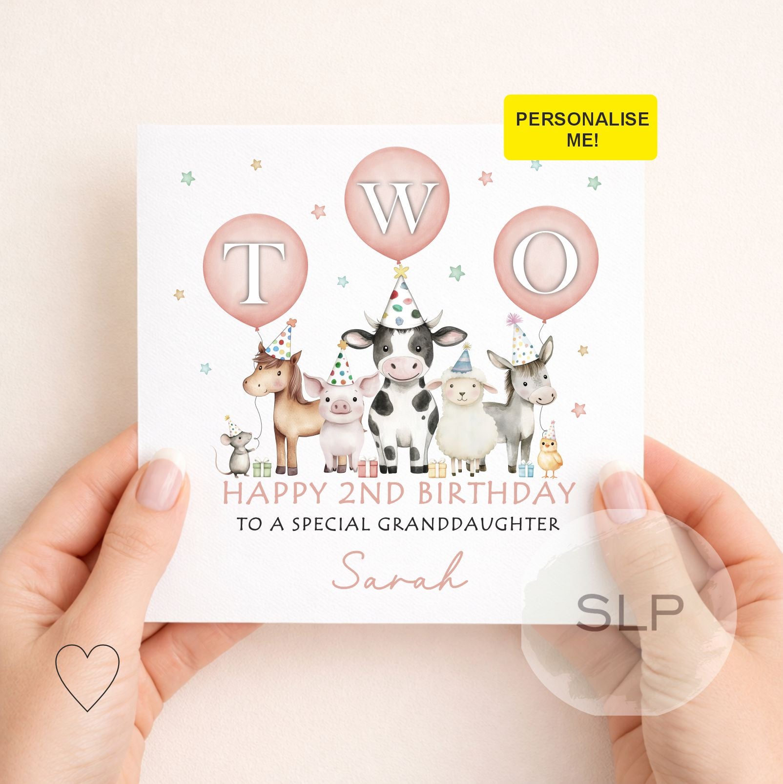 Farm Birthday Card – Cute Barnyard Animals Card – 2nd Birthday Farm – Custom Name – Granddaughter, Daughter, Niece Card
