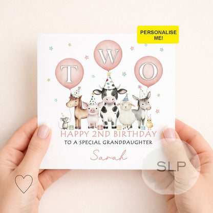 Farm Birthday Card – Cute Barnyard Animals Card – 2nd Birthday Farm – Custom Name – Granddaughter, Daughter, Niece Card