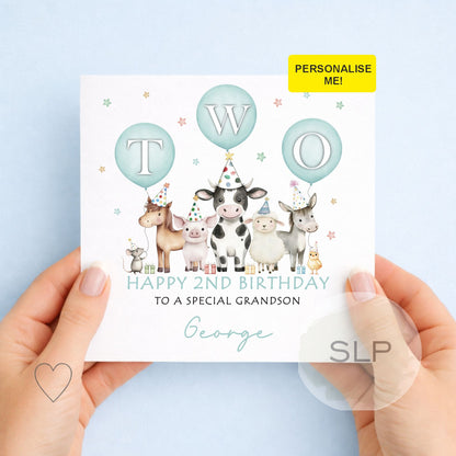 Farm Birthday Card – Cute Barnyard Animals Card – 2nd Birthday Farm – Custom Name – Granddaughter, Daughter, Niece Card