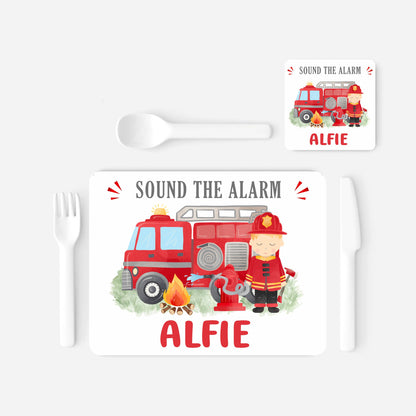 personalised fire engine placemat set