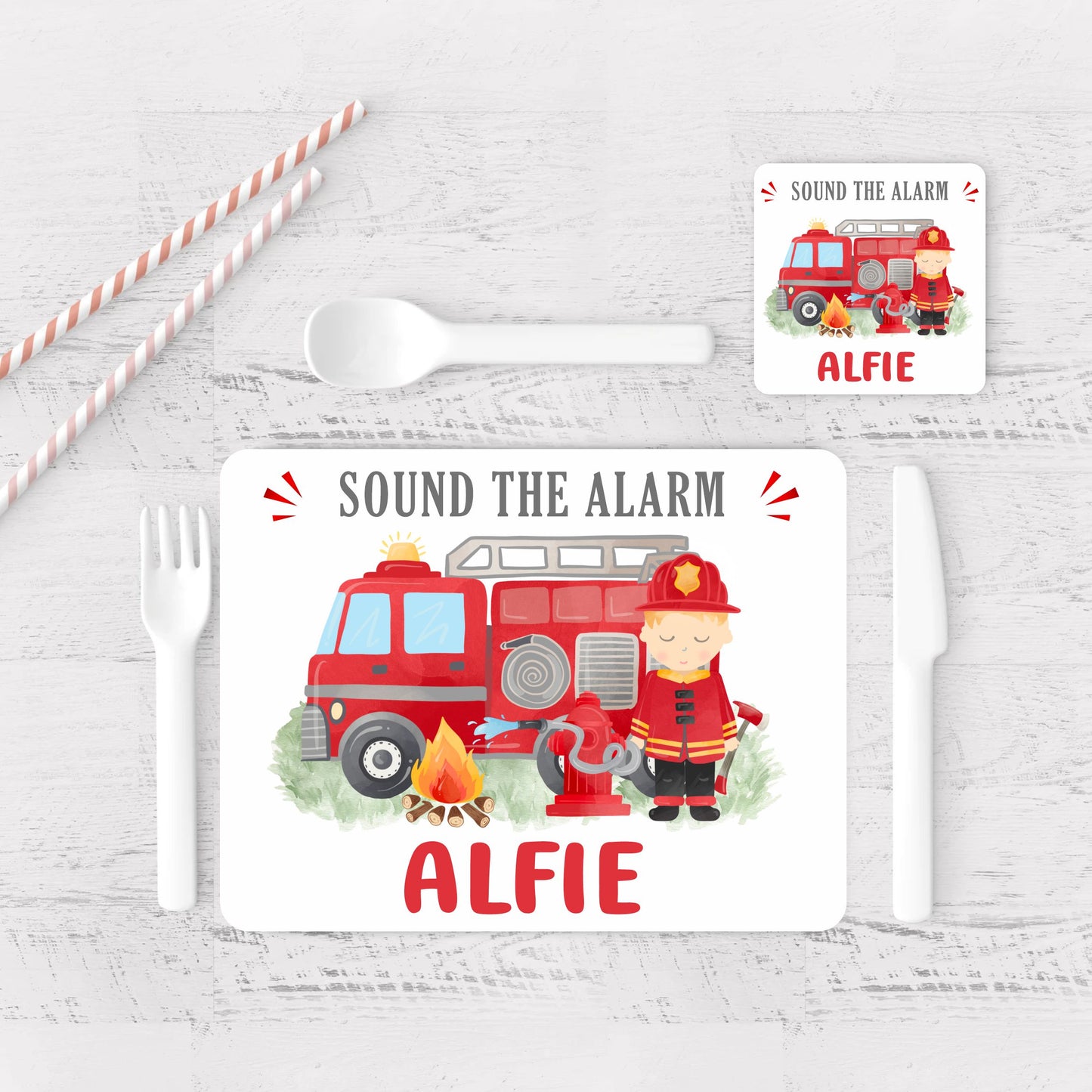 red fire engine placemat and coaster set