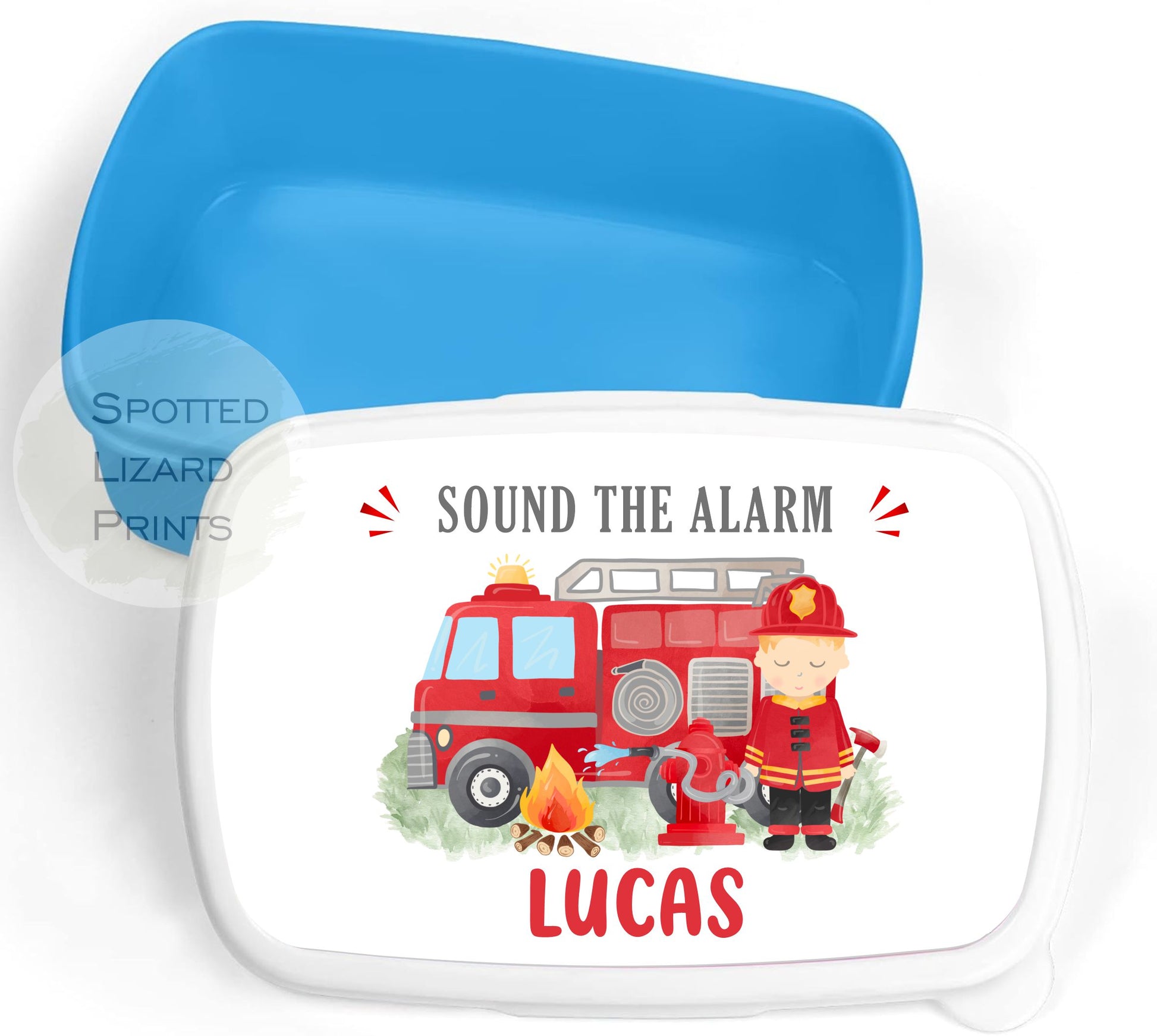 Blue Boys lunch Box. Fire engine. Personalised with a name.